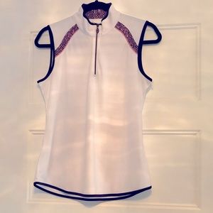 Greg Norman sleeveless white tank top with black piping and floral details